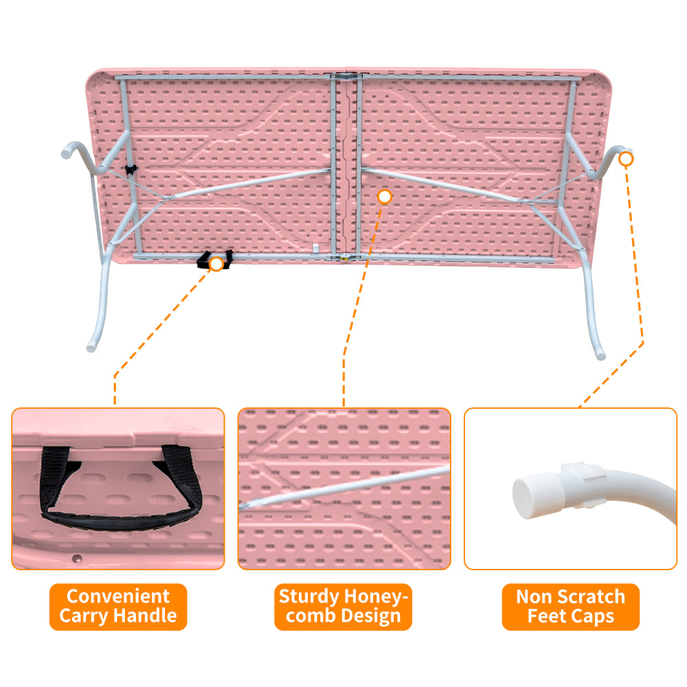 Campingtafel – Klaptafel – Vouwtafel – Opvouwbare Tafel – Draagbare Tafel – 180 cm – Weerbestendig – Draagvermogen 135 kg – Roze