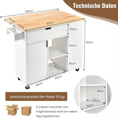 Mobiele Keukentrolley – Keukenwagen – Serveerwagen – Opbergwagen – Werkbladwagen – Wit – Uitklapbaar Werkblad – Rubberwood Hardhout