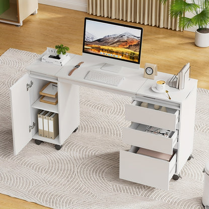 bureau – schrijftafel – computertafel – werkplek – bureau met lades – uitschuifbaar tafelblad 120 cm – inklapbaar design wit