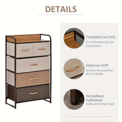 Opbergkast – Ladekast – Kommode – Dressoir – Kast Met 5 Inklapbare Stoffen Laden – Anti-Kantel Beveiliging – Lichtgewicht Linnen Stoffen – Mix Kleuren