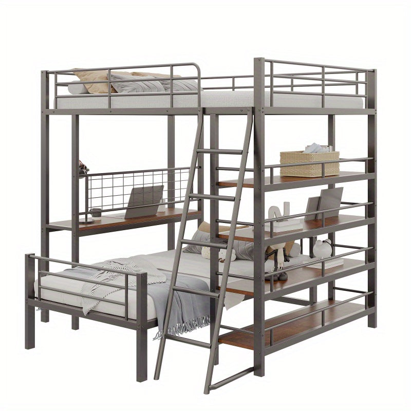 Hoogslaper – Stapelbed – Kinderbed – Eenpersoonsbed – Bed – Metalen Frame – 140x200 cm – Multifunctioneel – Met Opbergruimte – Zwart