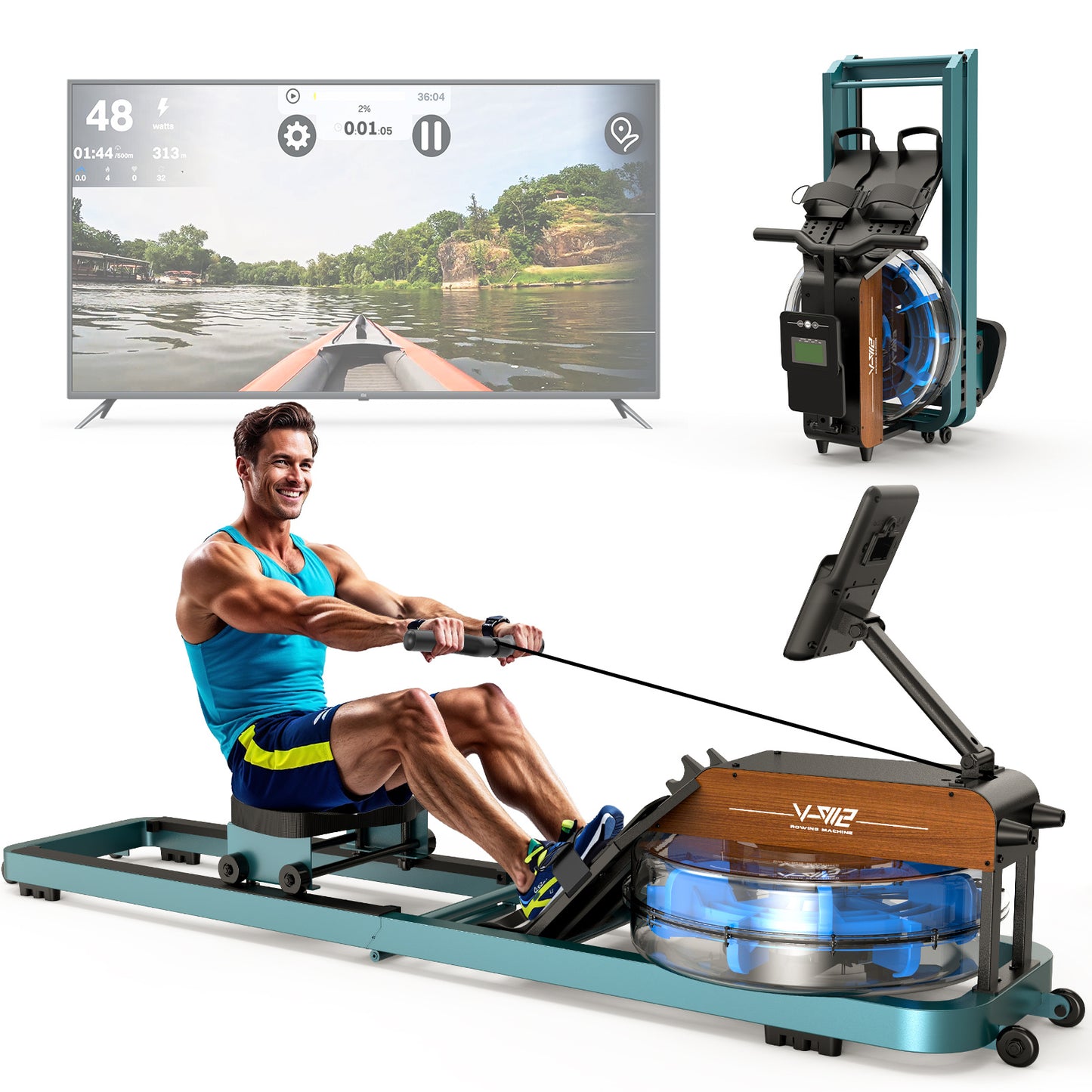 Rowing Machine for Home, Water Rowing Machine with Bluetooth Monitor, Foldable Rowing Machine, Rowing Machines with Adjustable Table Holder, 160 Kg Weight Capacity