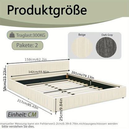 Tweepersoonsbed – Slaapbed – Bedframe – Logeerbed – Bed Met Chenille Bekleding – Beige Kleur – Stevige Houtenvrije Constructie – Eenvoudige Montage