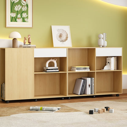 Boekenkast – Opbergkast – Vakkenkast – Stellingkast – Open Kast – Bamboe Materiaal – 6 Planken + Verborgen Deurtje – Vrijstaand – 69 cm Hoog – Natuurlijk Beige/Wit – 3,2 Kubieke Voet Opbergruimte – Modern Minimalistisch Design