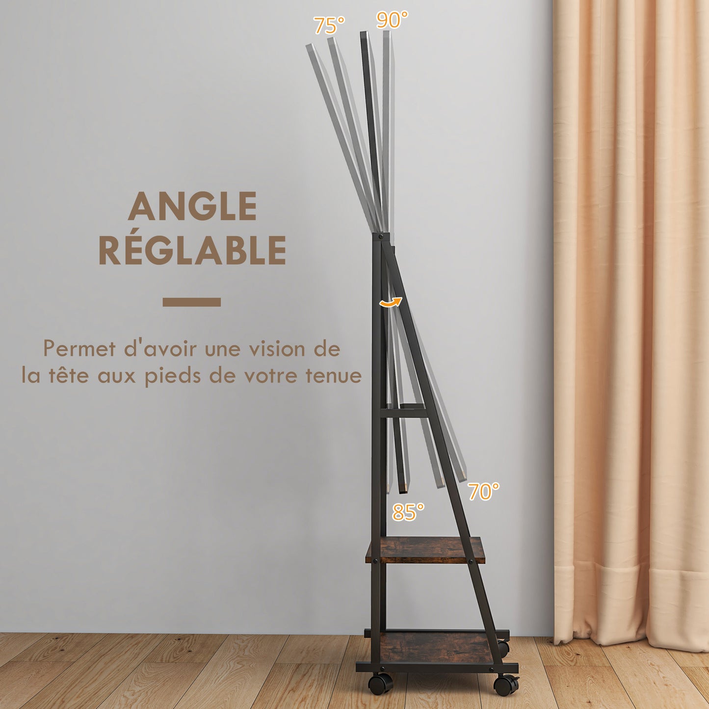 Staande Spiegel – Vloerspiegel – Rechthoekige Spiegel – Vintage Spiegel – Vrijstaande Spiegel – Verstelbare Kijkhoek – Met 2 Opbergrekken – Rustic Brown & Zwarte Accenten – 155 cm Hoog