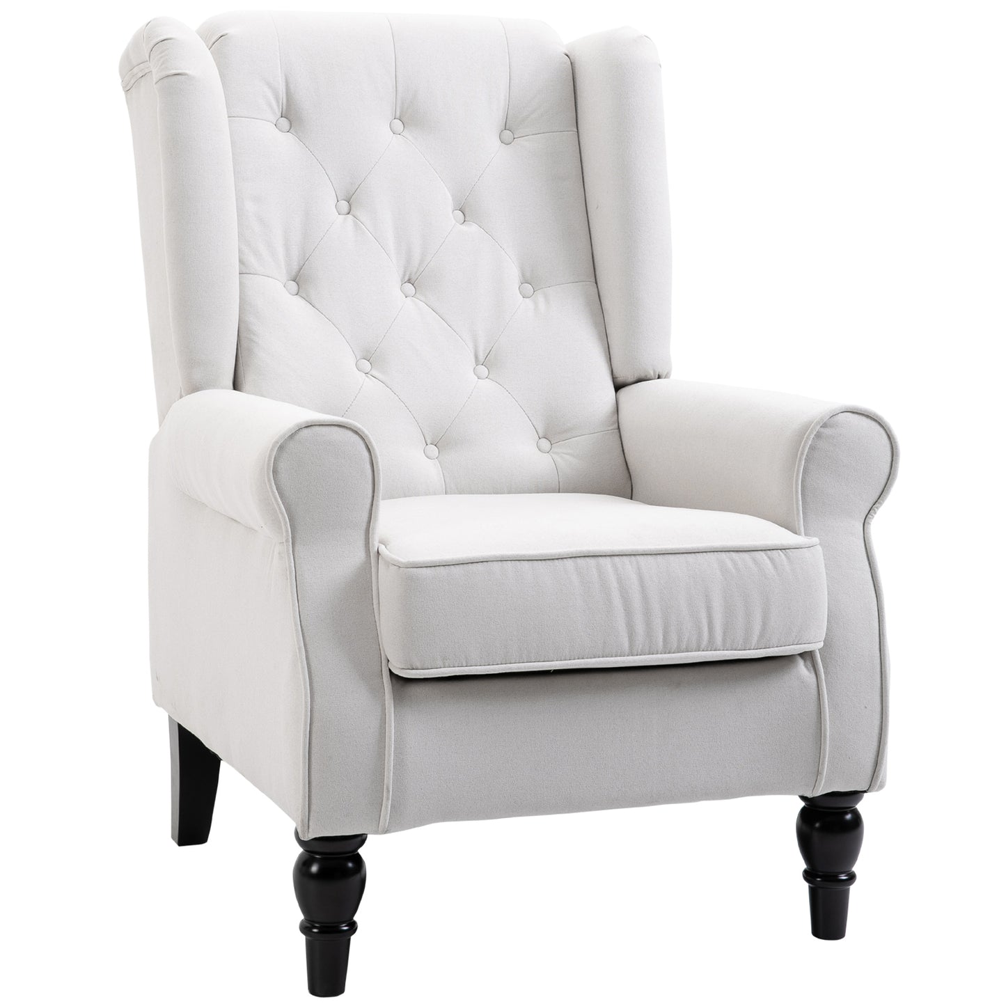Fauteuil – Relaxstoel – Loungestoel – Accentstoel – Zithoekstoel – Creme Wit – Knopen Gestoffeerde Rugleuning – Stevige Houten Poten