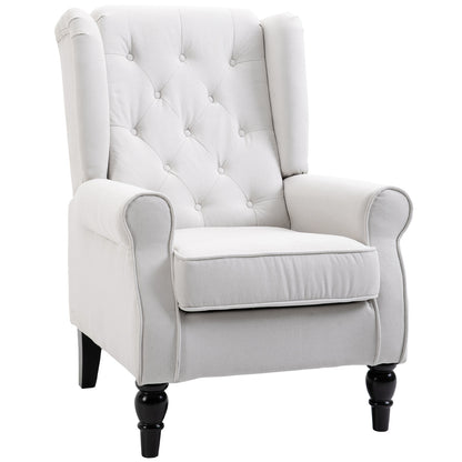 Fauteuil – Relaxstoel – Loungestoel – Accentstoel – Zithoekstoel – Creme Wit – Knopen Gestoffeerde Rugleuning – Stevige Houten Poten