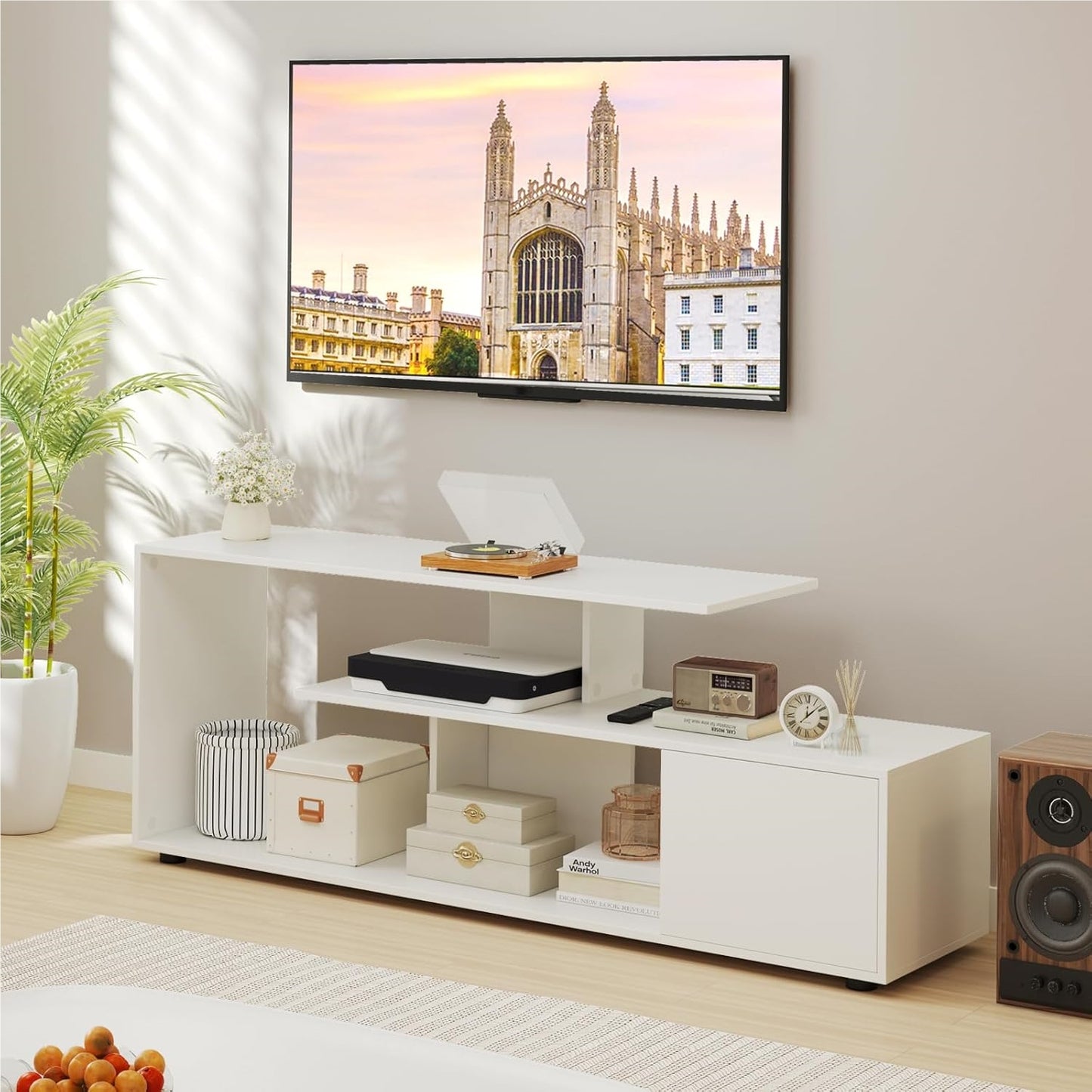 TV-meubel – TV-kast – Lowboard – Tv-meubel met opbergruimte – Tv-plank – Wit – Voor tv’s tot 55 inch – Uniek asymmetrisch design