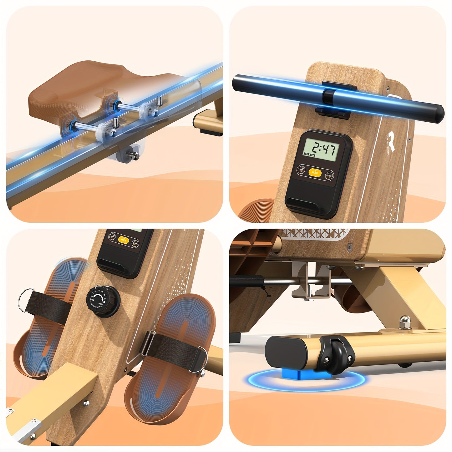 Roeitrainer – Roeimachine – Roeiapparaat – Fitnessapparaat – Waterroeier – Magnetische Weerstand – Draagvermogen 150 kg – Draadloze Monitor – Compact – Verticale Opslag