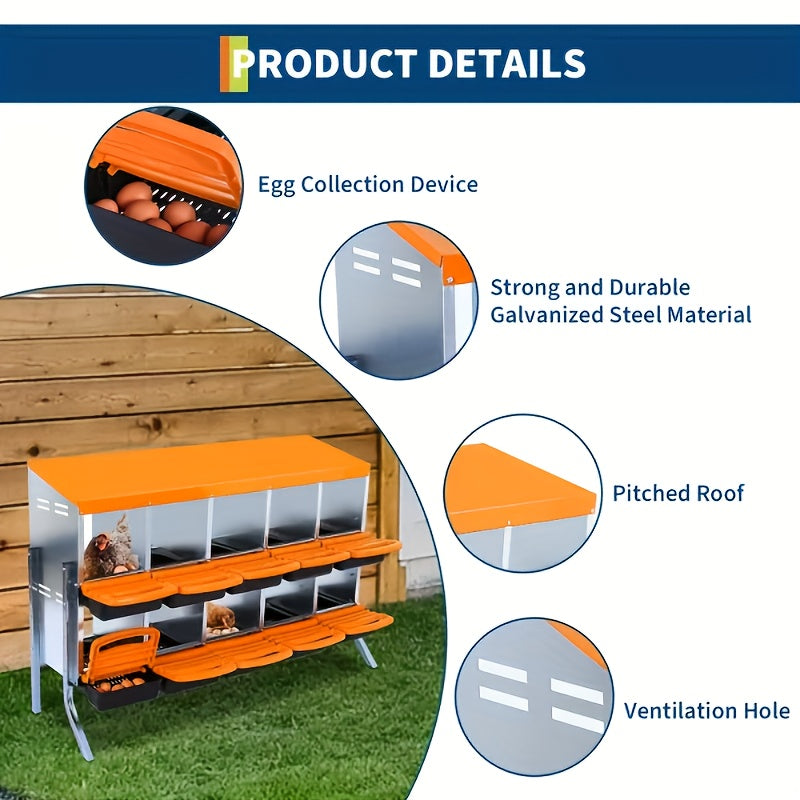 6/8/10-Hole Heavy-Duty Metal Chicken Nesting Boxes with Roll-On Egg Collection System, Ventilation Holes & Keylock Installation - All-Weather Durable Laying Boxes with Removable Trays & Egg Storage for Hens, Ducks, Geese - Ea
