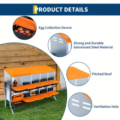 6/8/10-Hole Heavy-Duty Metal Chicken Nesting Boxes with Roll-On Egg Collection System, Ventilation Holes & Keylock Installation - All-Weather Durable Laying Boxes with Removable Trays & Egg Storage for Hens, Ducks, Geese - Ea