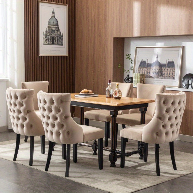 Eetkamerstoelen – Stoelen – Dining Chairs – Keukenstoelen – Velvet Stoelen – Set van 6 – Beige Velvet – Button Tufting – Massief Houten Frame – Comfortabel Ergonomisch Design