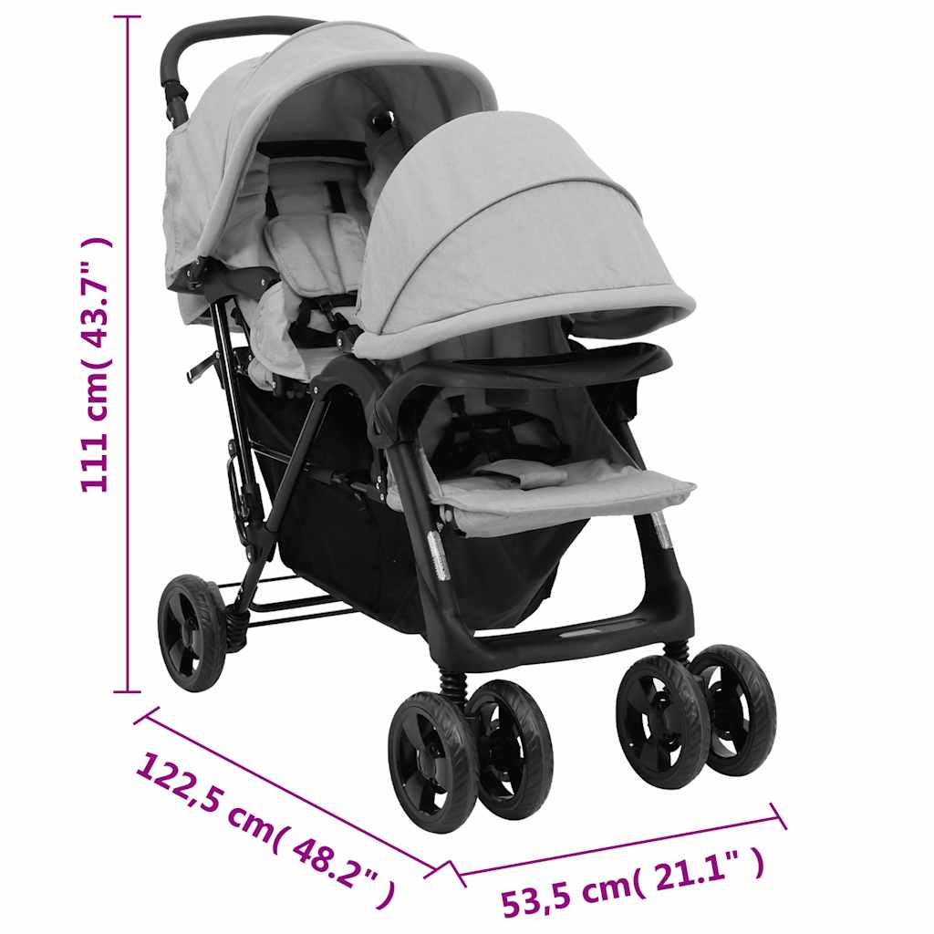 Tandem Buggy – Dubbele Kinderwagen – Tweelingwagen – Kinderwagen Voor Twee – Smalle Buggy – Lichtgrijs – Stalen Frame – Verstelbare Zonnekap