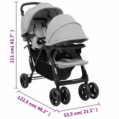 Tandem Buggy – Dubbele Kinderwagen – Tweelingwagen – Kinderwagen Voor Twee – Smalle Buggy – Lichtgrijs – Stalen Frame – Verstelbare Zonnekap