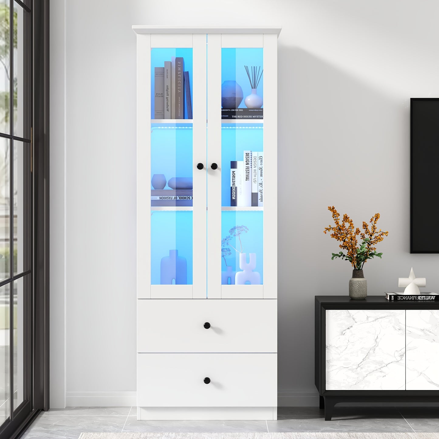 Displaykast – Vitrinekast – Glazen Kast – Opbergkast – Boekenkast – Mat Wit – 165 Cm Hoog – Verstelbare Planken & 2 Laden – Bamboe Materiaal