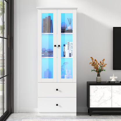 Displaykast – Vitrinekast – Glazen Kast – Opbergkast – Boekenkast – Mat Wit – 165 Cm Hoog – Verstelbare Planken & 2 Laden – Bamboe Materiaal
