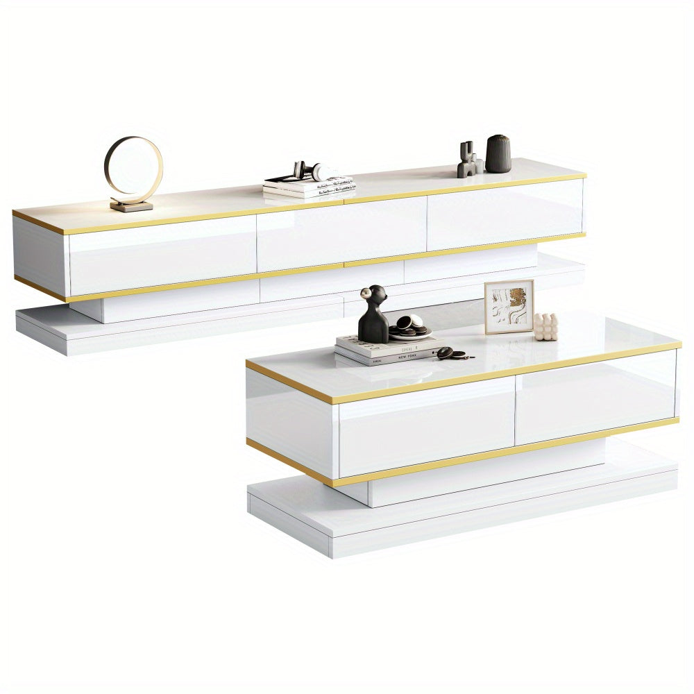 tv-meubel – tv-kast – tv-console – salontafel – woonkamermeubel – Hoogglans Wit Met Gouden Accenten – 3 Laden Tv-meubel & 2 Laden Salontafel