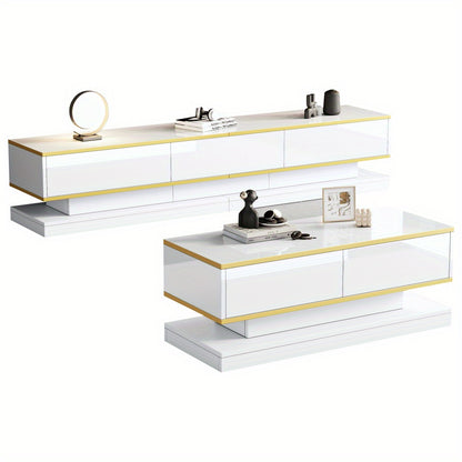 tv-meubel – tv-kast – tv-console – salontafel – woonkamermeubel – Hoogglans Wit Met Gouden Accenten – 3 Laden Tv-meubel & 2 Laden Salontafel