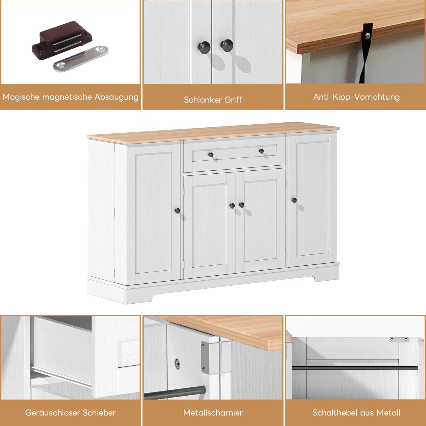 Dressoir – Buffetkast – Opbergkast – Ladekast – Kast – Ruime Indeling 138 cm – Modern Houtmateriaal Met Kantelbeveiliging