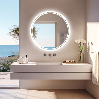 Round LED Bathroom Mirror, Dimmable Lighting, 60/80cm Backlit Anti-fog Makeup Wall Mirror, Smart Touch Button, Cold/Warm/Neutral Light, Memory Function Modern Shaving Mirror, with Frosted Edge, Bathroom Mirrors for Wall, Cont