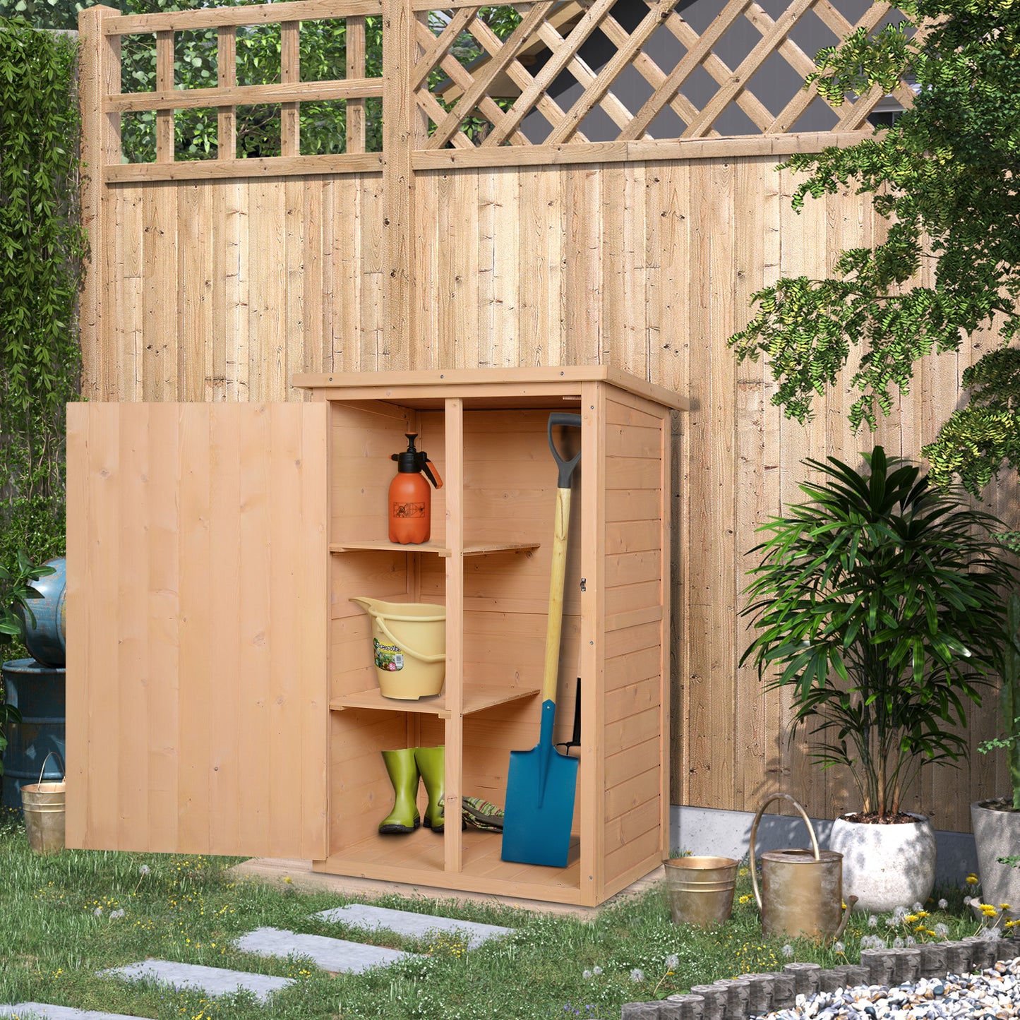 Tuinberging – Tuinkast – Tuinschuur – Gereedschapsschuur – Opbergkast – Vurenhout – Bitumen Dak – Grote Vergrendelbare Deur – 2 Ruime Planken – Compact 75x56x115 cm