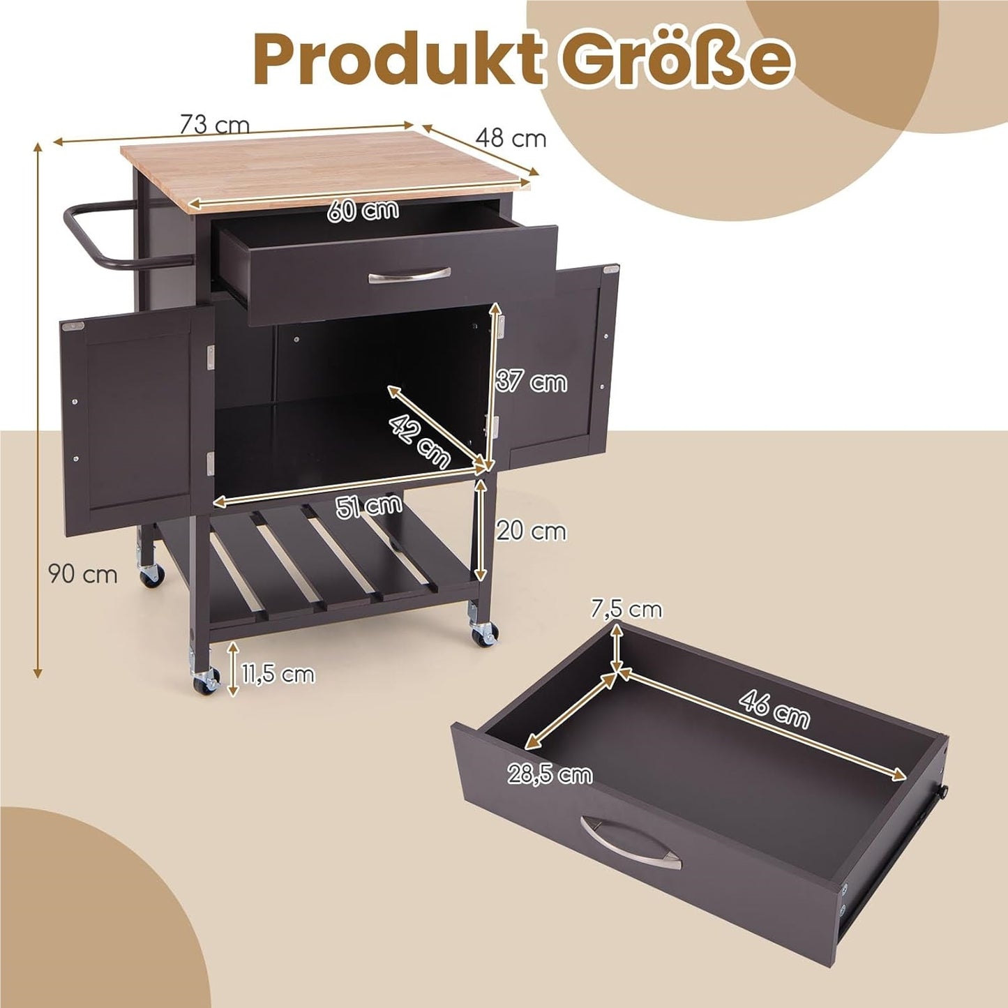 Keukentrolley – Serveerwagen – Werkplek Op Wielen – Keukenkar – Opbergkar – Robuust Rubberhouten Werkblad – 4 Zwenkwielen Met Remmen
