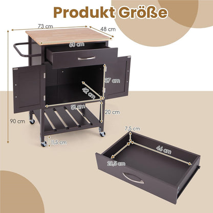 Keukentrolley – Serveerwagen – Werkplek Op Wielen – Keukenkar – Opbergkar – Robuust Rubberhouten Werkblad – 4 Zwenkwielen Met Remmen
