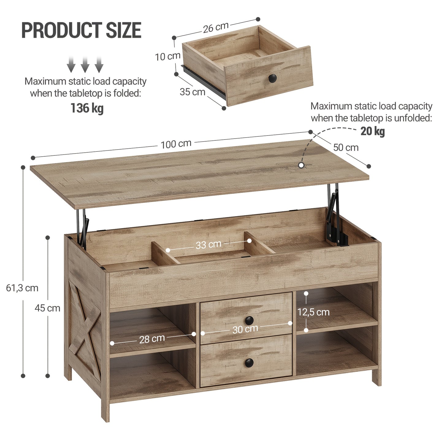 Verstelbare Salontafel – Koffietafel – Woonkamertafel – Zeteltafel – Bijzettafel – 2 Laden & Verborgen Opbergruimte – 50x100x47,3-61,3 cm – Hoogwaardige Houtmaterialen & Modern Design