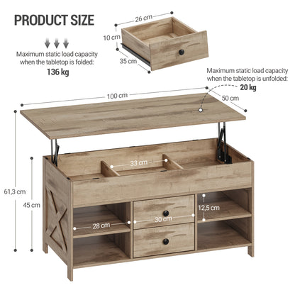 Salontafel – Koffietafel – Verstelbare Tafel – Sofa Tafel – Woonkamertafel – Hoogte Verstelbaar – Met 2 Lades En Verborgen Opbergruimte – 50x100x47,3-61,3 cm – Modern Design – Duurzaam Hout En Metaal