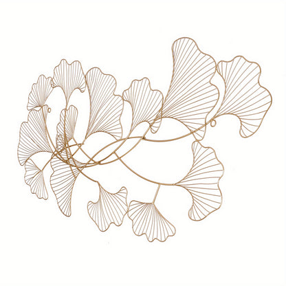 Ginkgo Wanddecoratie – Metalen Wandkunst – Muurdecoratie – Wandornament – Woondecoratie – Extra Lang 120x57 cm – Goudgele IJzeren Constructie – Handgemaakte 3D Bladdisplay – Inclusief Ophangset