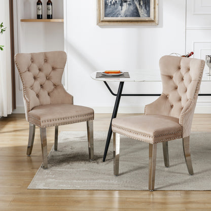 Dining room chair Kitchen chair Living room chair with unique door knocker on the back 2pcs Upholstered chair with nail head trim Support legs made of metal Cover made of beige velvet, Kitchen Seating, Vintage Style Chair, Cl