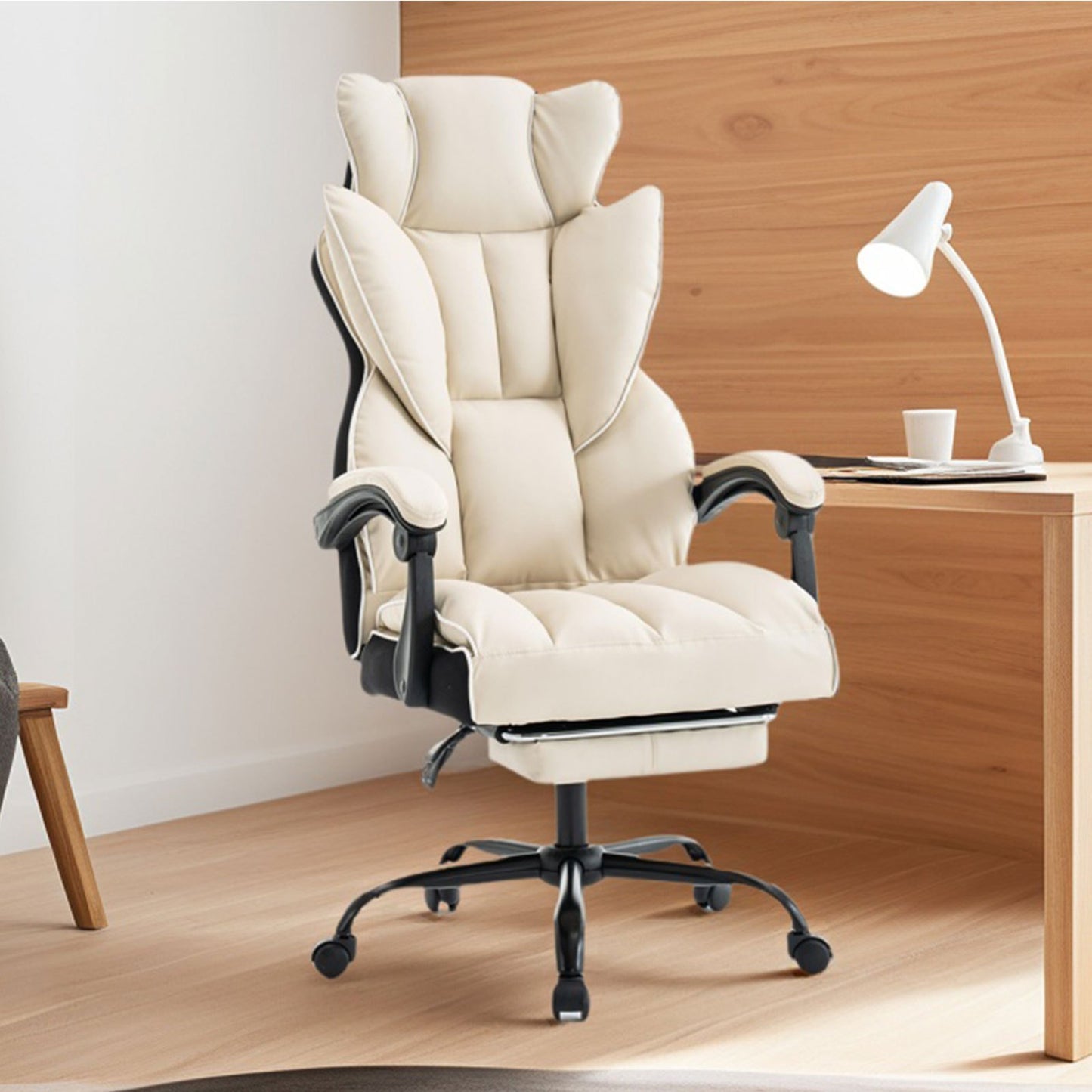 Bureaustoel – Office Chair – Kantoorstoel – Computerstoel – Draaistoel – Ergonomisch Design – Verstelbare Rugleuning & Inklapbare Voetensteun – Stevig Metalen Frame & Ademend PU-leer – Bruin