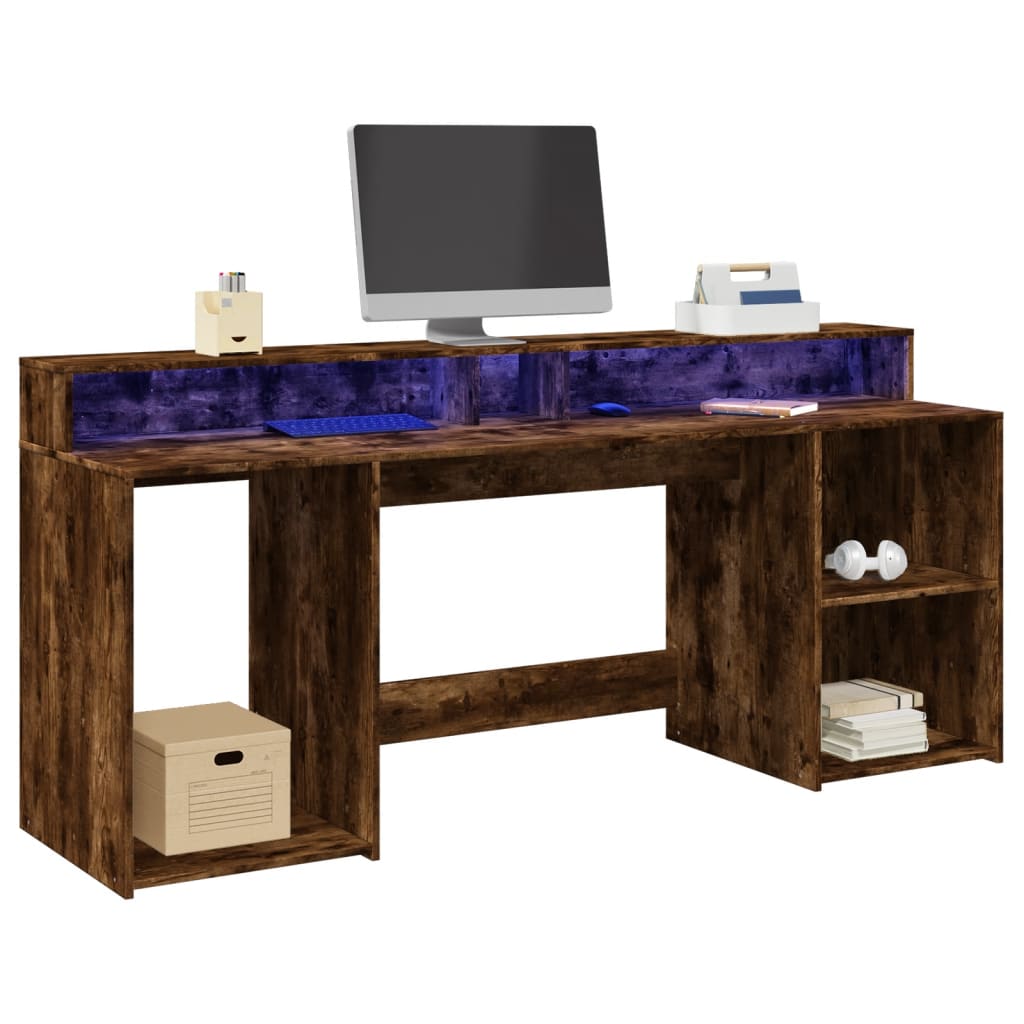 Laptoptablet – Bureau – Werkplek – Thuiskantoor – Laptoptafel – Processed Hout – RGB LED Verlichting – 200x55x91 cm – Smoked Oak Afwerking