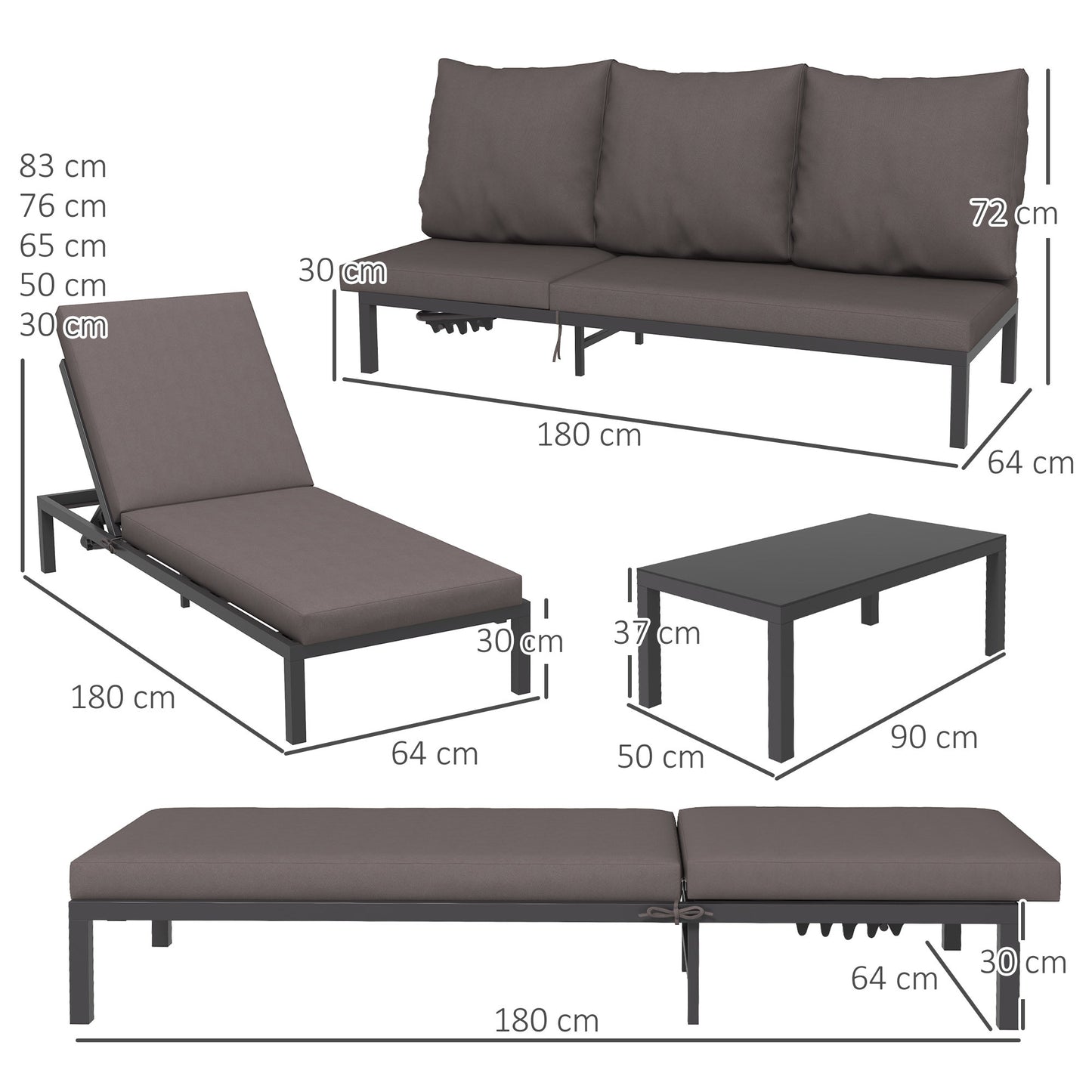 Loungeset – Tuinmeubelset – Ligbedden – Buitenmeubel – Zonnebed – Aluminium Frame – Verstelbare Rugleuning 5 Posities – Gehard Glas Koffietafel – Grijs