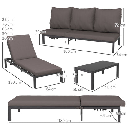 Loungeset – Tuinmeubelset – Ligbedden – Buitenmeubel – Zonnebed – Aluminium Frame – Verstelbare Rugleuning 5 Posities – Gehard Glas Koffietafel – Grijs