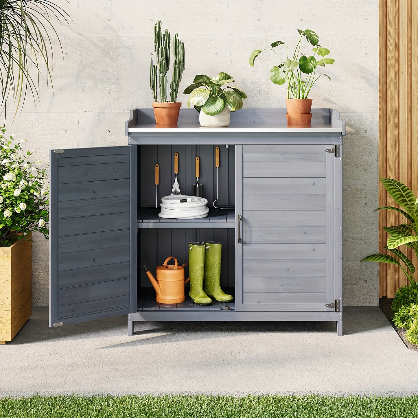 Tuinwerkbank – Oppottafel – Tuinwerktafel – Plantentafel – Werkbank – Met Metalen Werkblad – Houten Opbergruimte Met Verstelbare Plank – Duurzaam En Weerbestendig