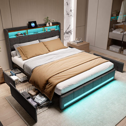 Bedframe – Tweepersoonsbed – Gestoffeerd Bed – Opbergbed – Bed met Laden – LED-verlichting – USB-oplaadfunctie – 160x200 cm – Grijze Linnen Bekleding
