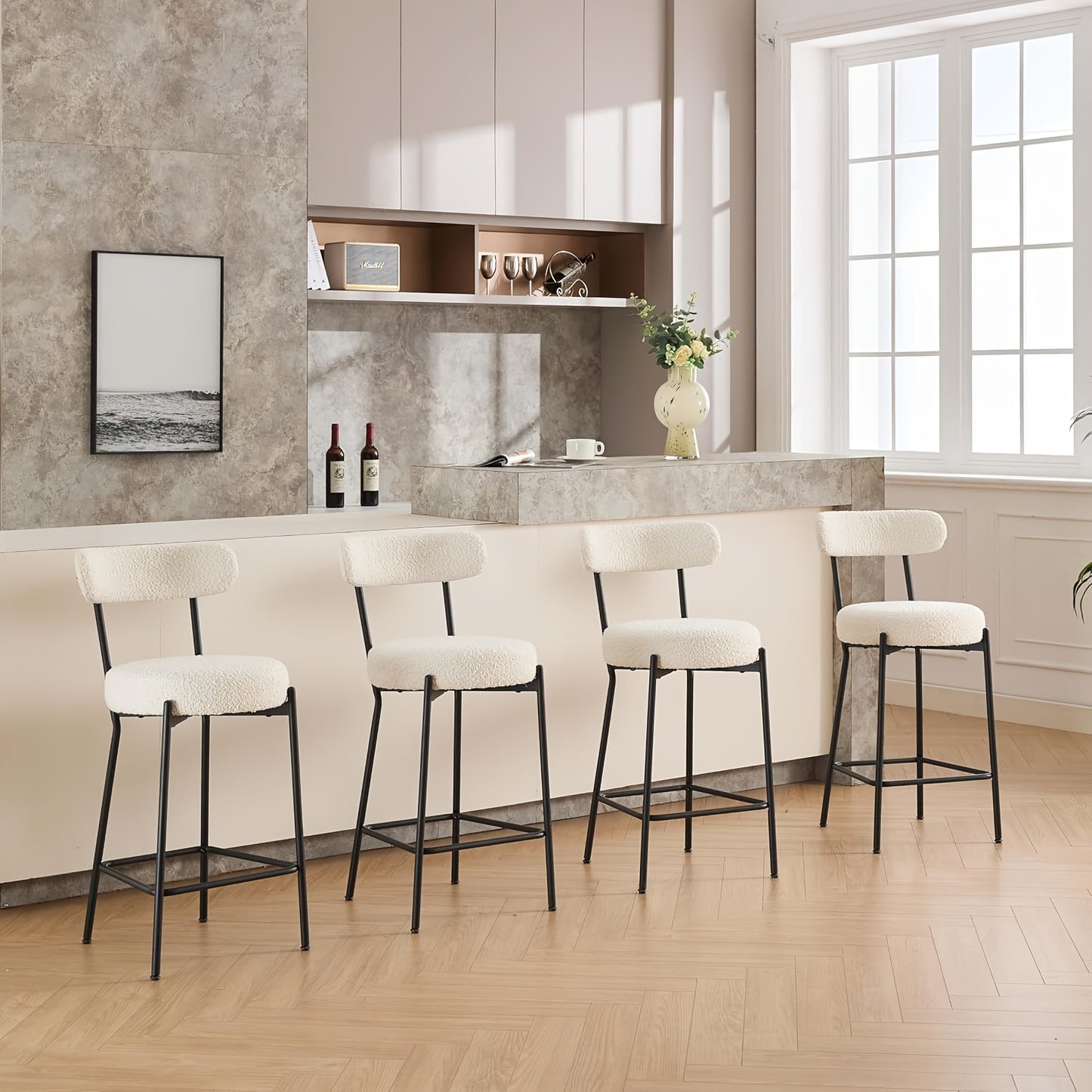 Set of 2 Modern Counter Height Bar Stools with Upholstered Boucle Seats & Backrests - Heavy-Duty Metal Frame, 136.08KG Weight Capacity, Black Legs & White Cushioned Seating - Easy Assembly, Contemporary Kitchen Island Chairs