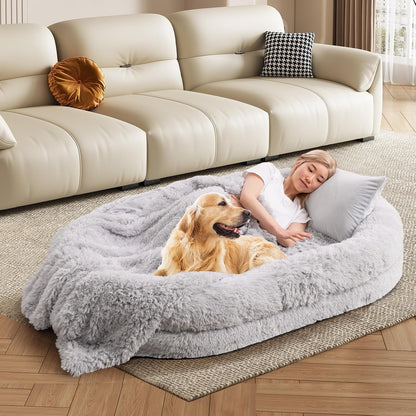 Pluche Hondenbed – Hondendeken – Hondenmat – Hondenkussen – Dierenbed – Groot Formaat 171x115 cm – Orthopedisch Memory Foam – Wasbare Grijze Hondendeken