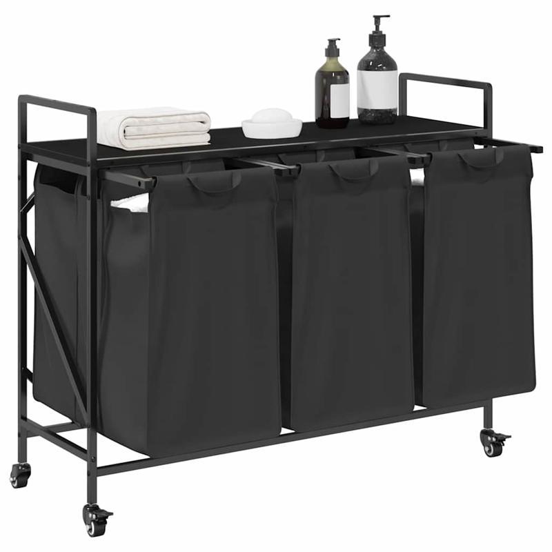 3-Vaks Wasmand – Wasmand Met Wieltjes – Wasbak – Beddengoedmand – Wascontainer – Matzwart – Stevig Metalen Frame – Mobiel En Compact