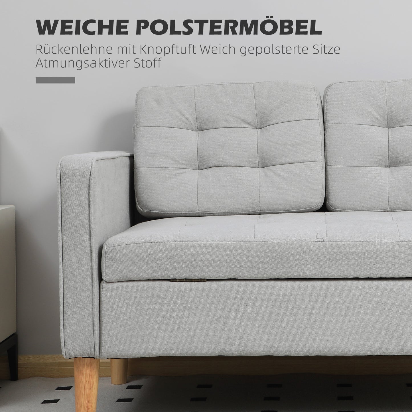 2-zitsbank – Tweezitsbank – Sofa – Loveseat – Bank – Lichtgrijs – Met Opbergruimte – Massief Houten Frame – Compacte Afmetingen 117x62x78 cm