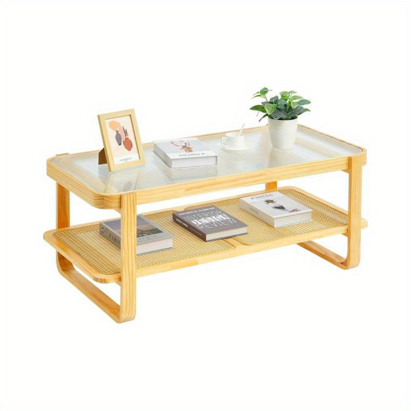 Rattan Salontafel – Rotan Tafel – Lounge Tafel – Woonkamer Tafel – Houten Salontafel – Rechthoekig Twee Niveaus – Natuurlijk Materiaal – Modern Design