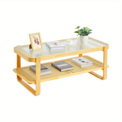 Rattan Salontafel – Rotan Tafel – Lounge Tafel – Woonkamer Tafel – Houten Salontafel – Rechthoekig Twee Niveaus – Natuurlijk Materiaal – Modern Design