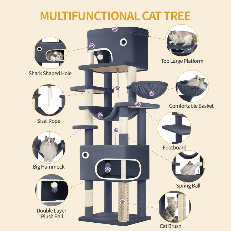 Kattenboom – Krabpaal – Klimpaal – Kattenhuis – Speelparadijs – Lichtgrijs – 203 cm Hoog – 7 Sisal Krabpalen & 2 Ruime Holletjes