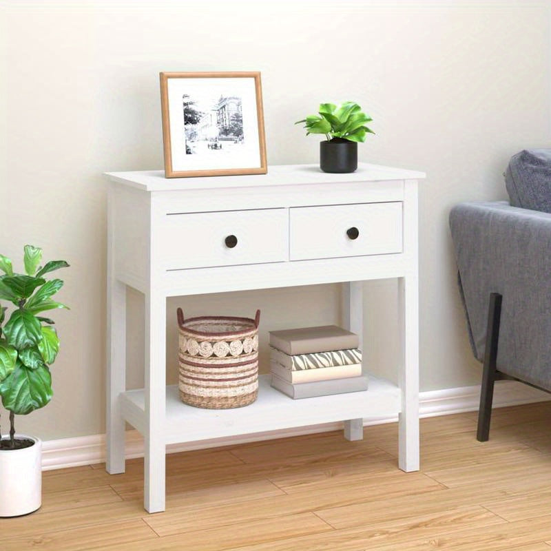 Sidetable – Haltafel – Wandtafel – Console – Opbergtafel – Massief Pijnhout – Vrijstaand Wit – Lade En Open Vak