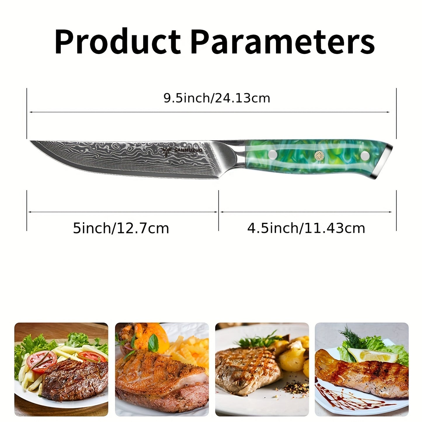 Steakmessen – Vleesmessen – Keukenmessen – Vleesmessen – Messenset – Ultrasharp Niet-Gekarteld Lemmet – Damaststaal Lemmet 12,7 cm – Kunsthars Handvat Jade Groen