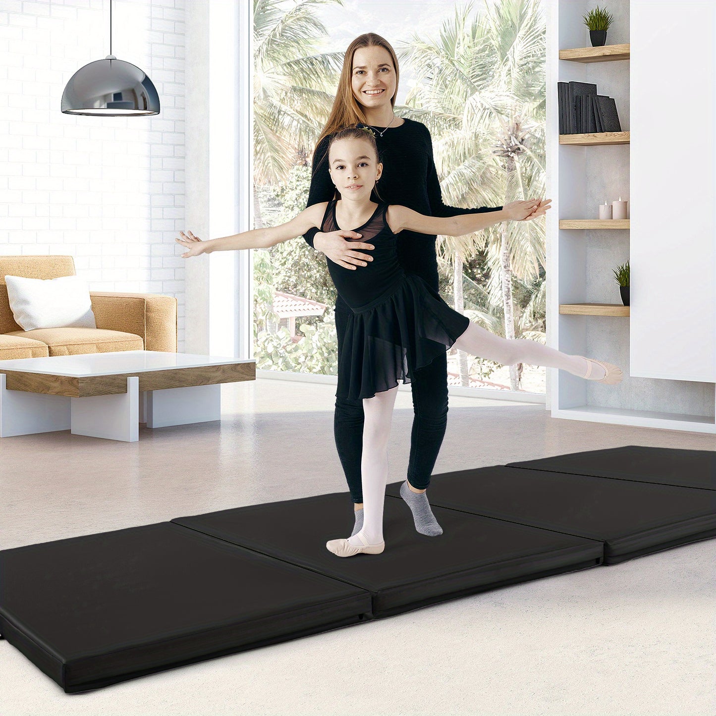 Opvouwbare Gymmat – Fitnessmat – Yogamat – Turnmat – Speelmat – Zwart – 300x117x5 cm – PU Leer Hoes & Draaghandvat