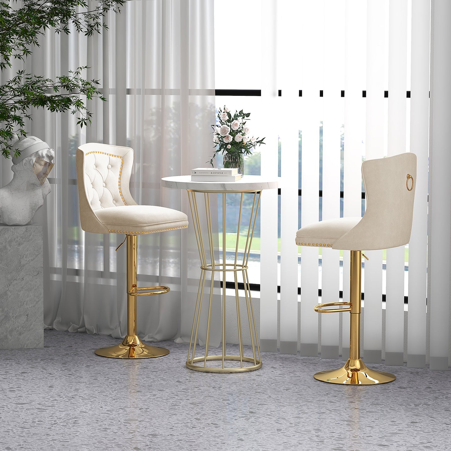 Barkrukken – Barstoelen – Krukken – Hoge Stoelen – Keukenstoelen – Verstelbare Hoogte – 360° Draaibaar – Velvet Bekleding – Button-Tufted Rugleuning