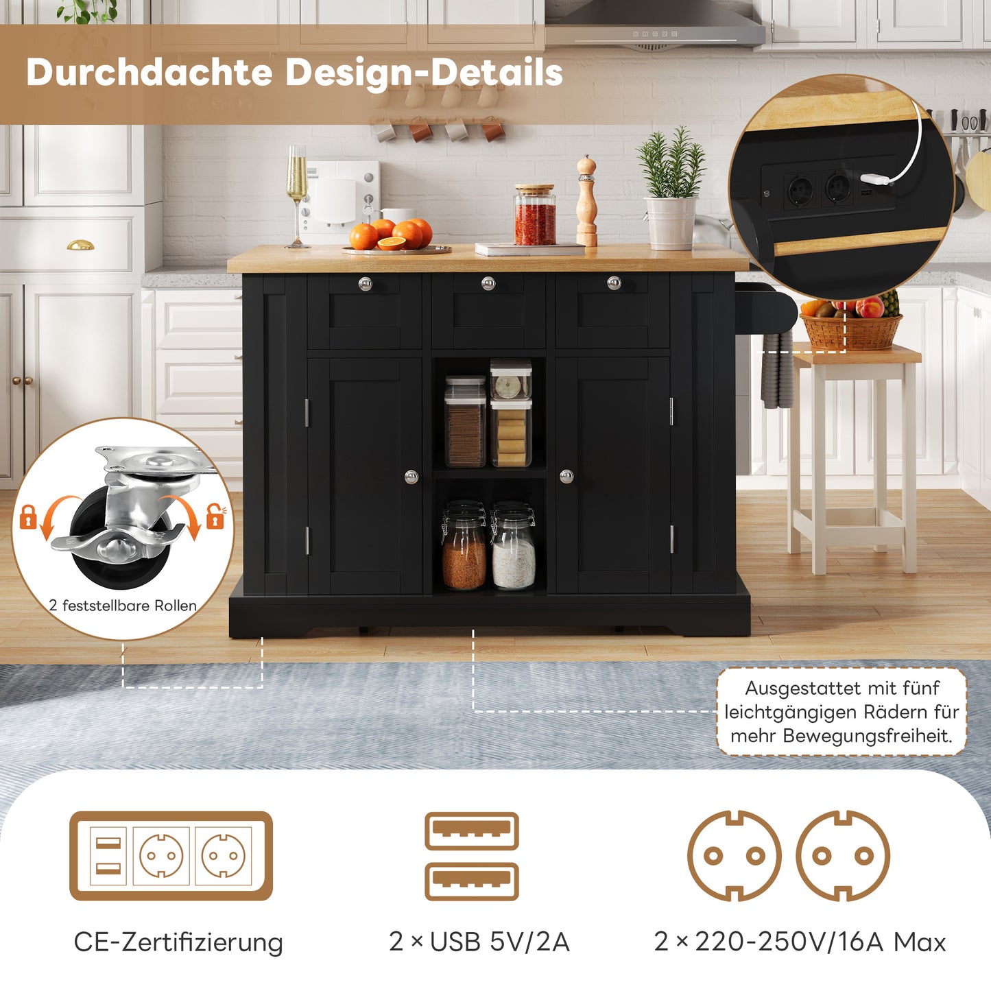 Keukentrolley – Keukenwagen – Serveerwagen – Keukenkar – Werkbank – Uitschuifbaar Werkblad 40-70 cm – 3 Lades & Kastdeuren met Verstelbare Planken – Zwart