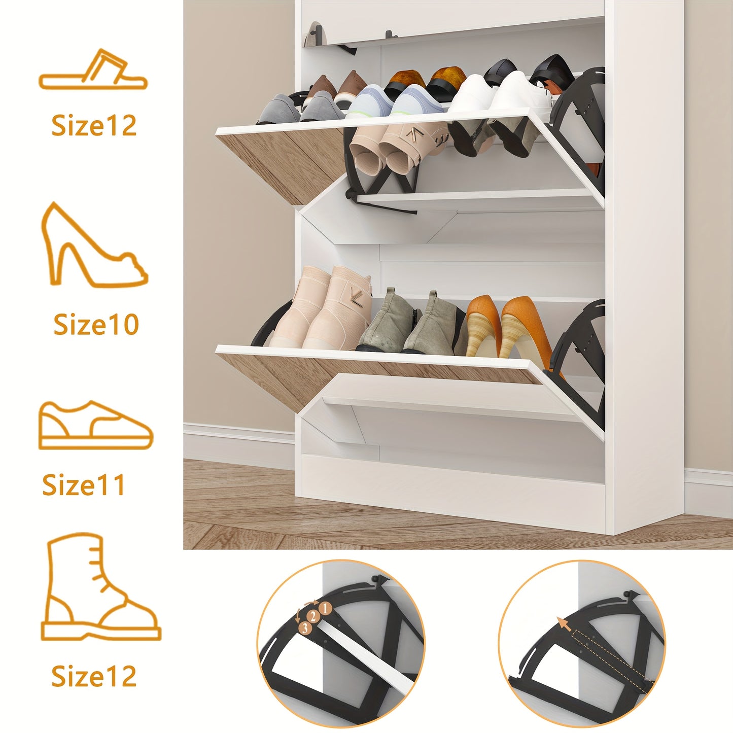 Shoe Storage Unit with a Full-Length Mirror, Featuring a Double Rack And Five Flip Drawers, Designed in White Wood for Organizing Shoes in Entryways, Hallways, And Corridors.